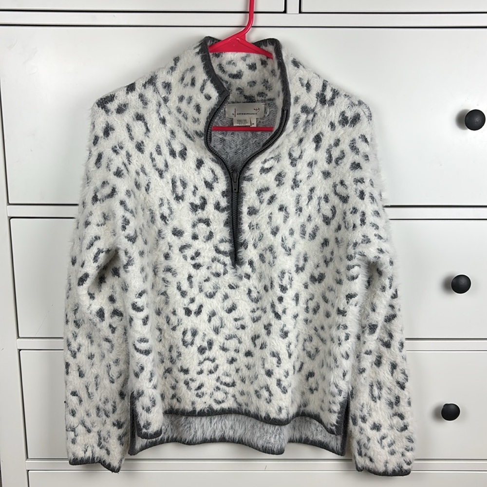 Anthropologie White and Gray Leopard Sweater